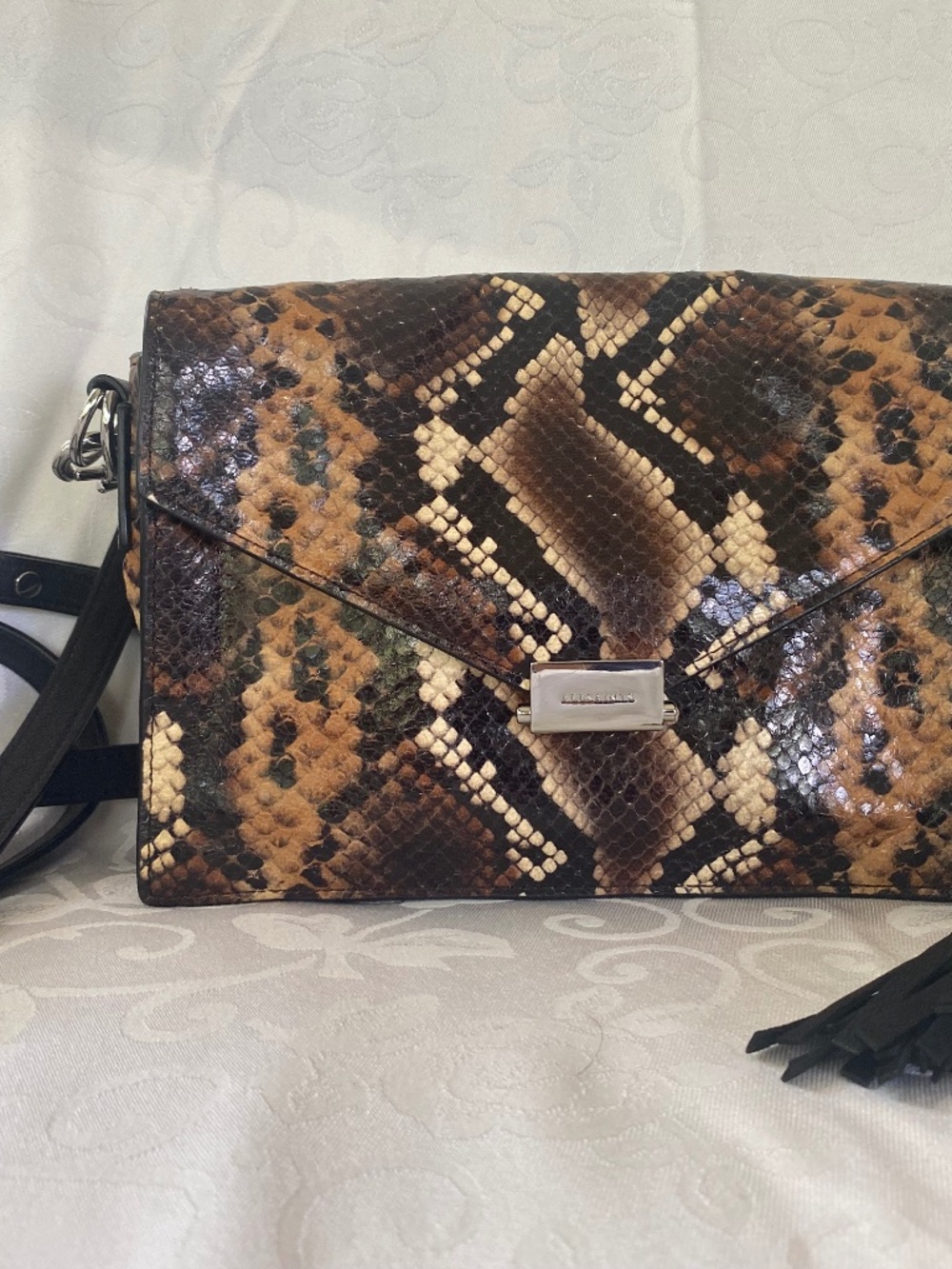 AllSaints Snake-Print Leather-Effect Envelope Crossbody Bag with Tassel